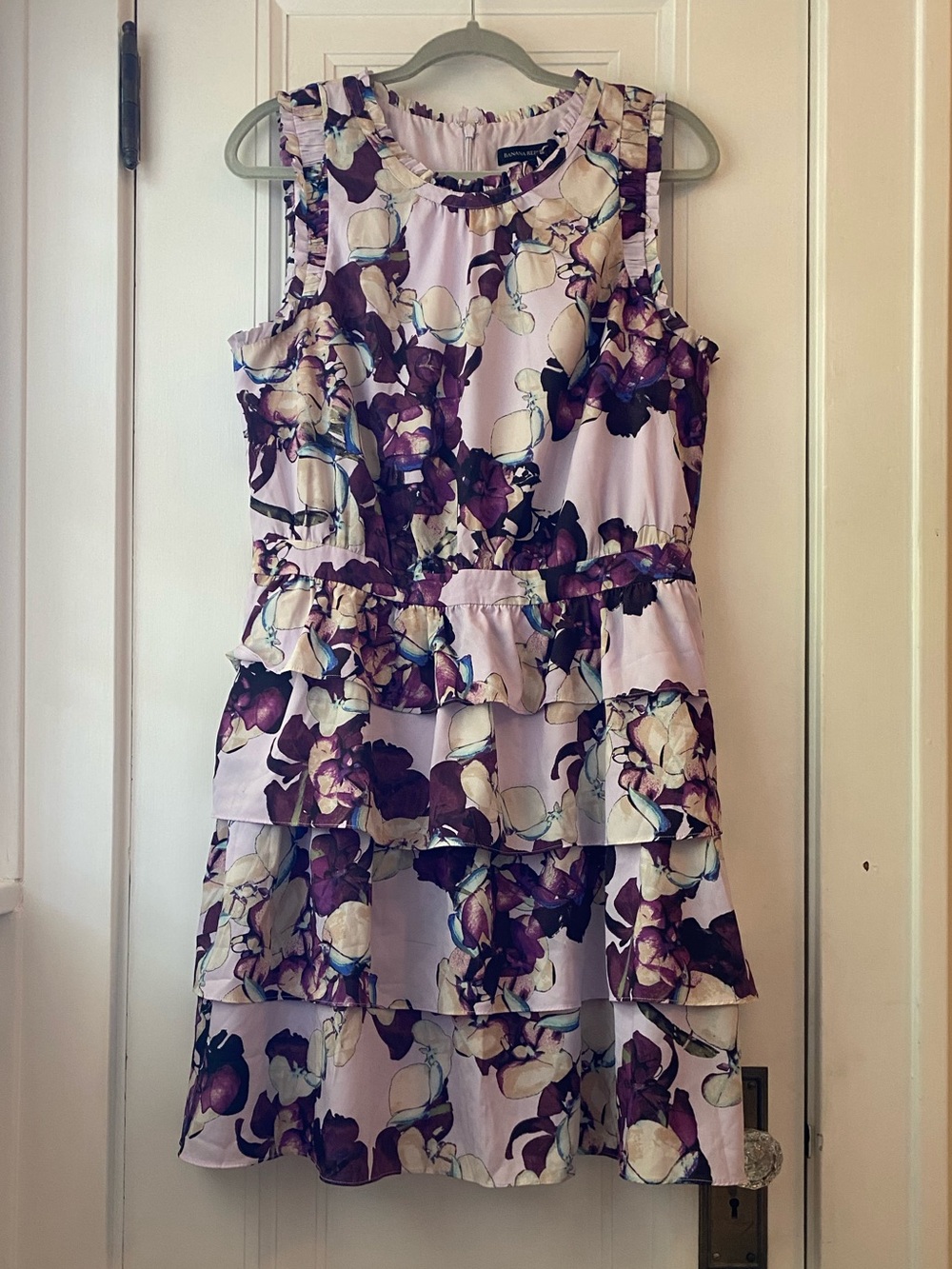 Banana Republic ruffle mini dress lavender purple floral 14 washable poly